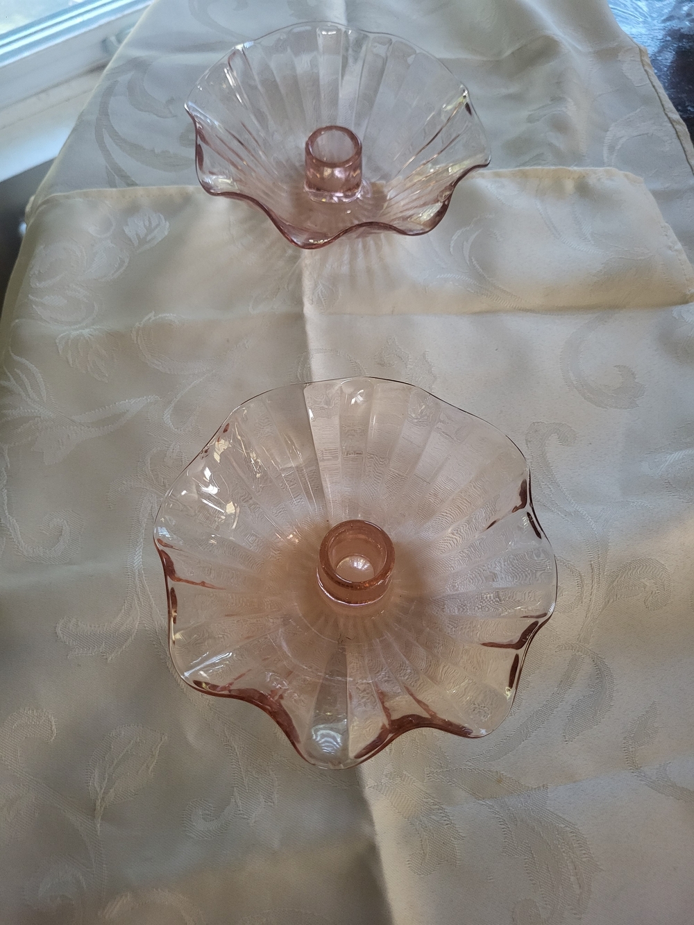 pair of Pink Depression Glass Flower Petal Edge Shape Candle Holder